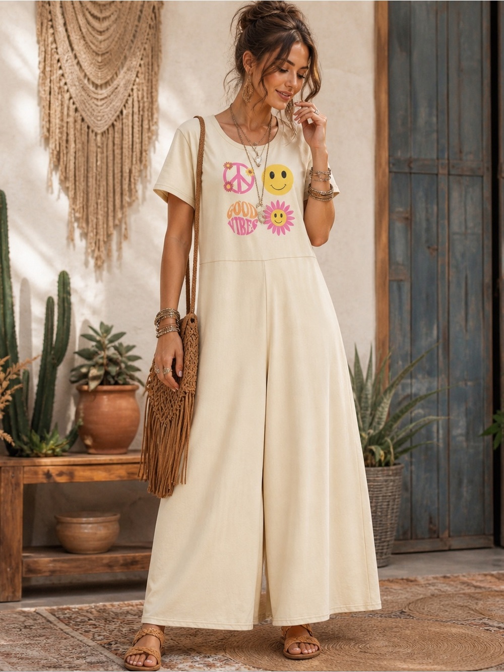 Yak N Yeti Good Vibe Peace Print Jumpsuit Size Large/XL In Ivory Yellow NWT